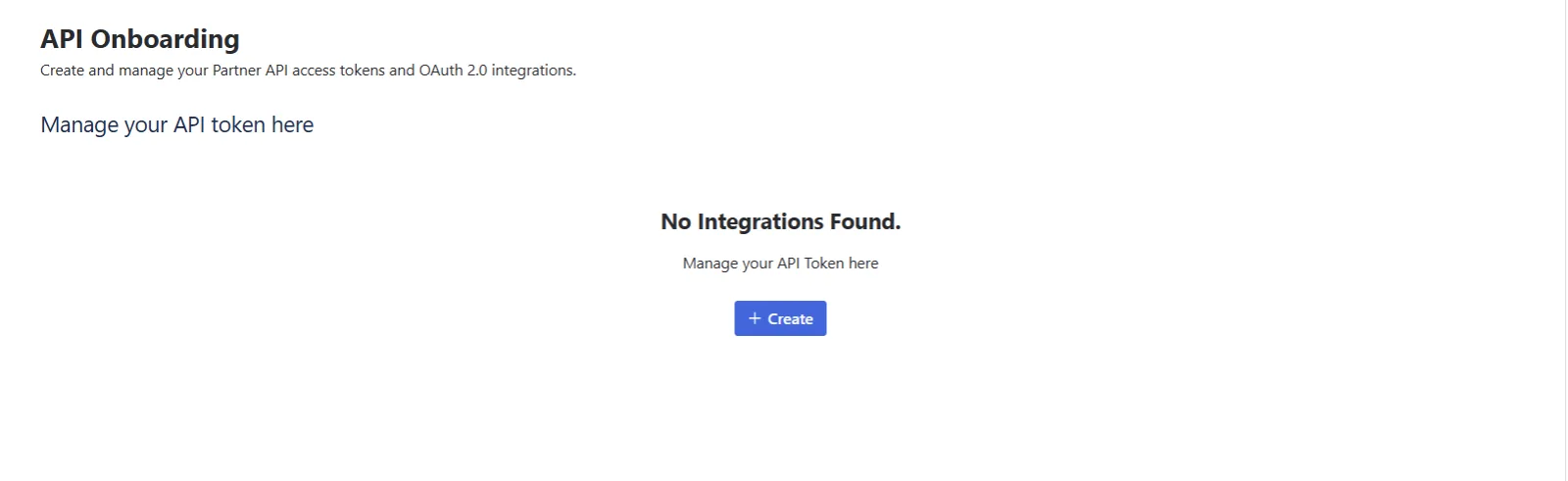 The Atlassian API Onboarding page with no integrations yet and a Create button.