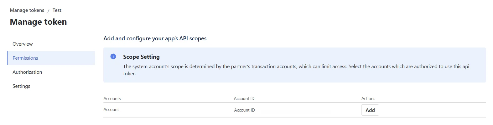 The Permissions tab listing a transaction account, its Account ID, and an Add button.