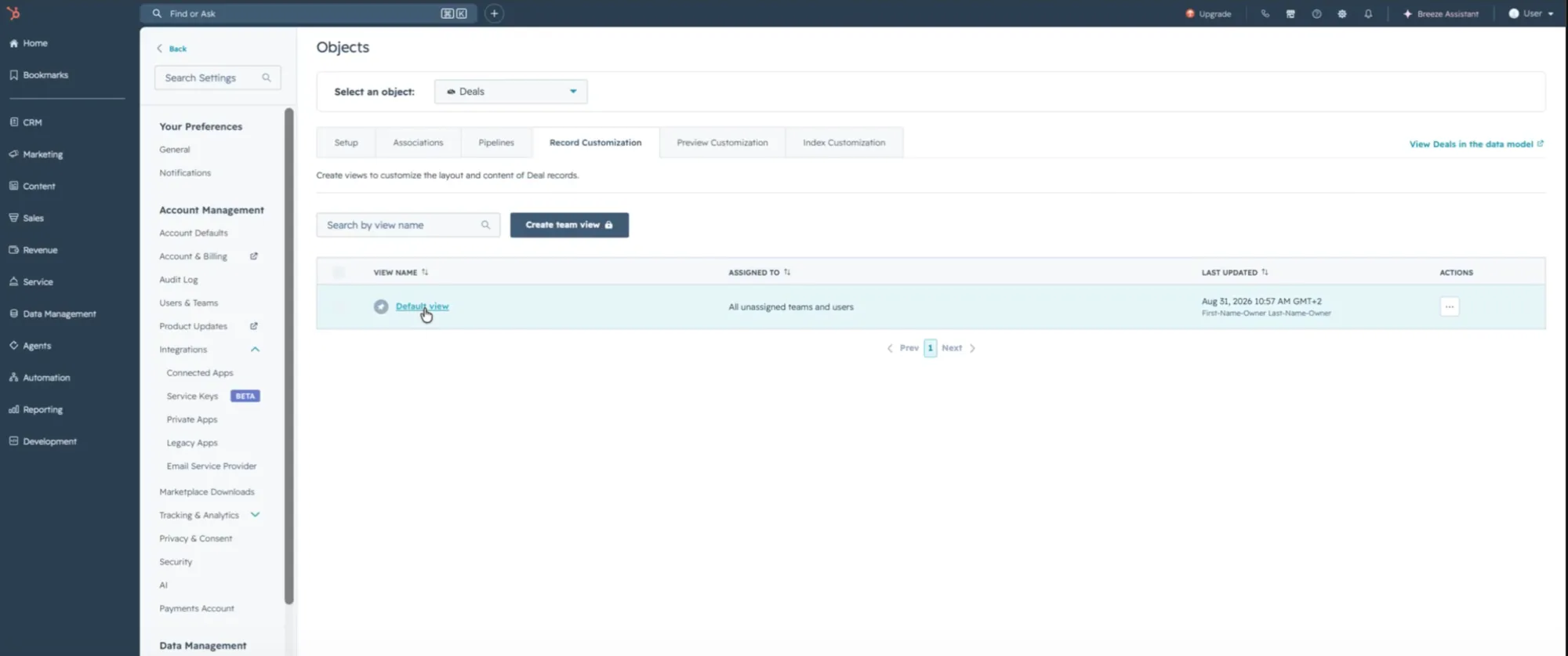The Record Customization tab for deals, listing the Default view.