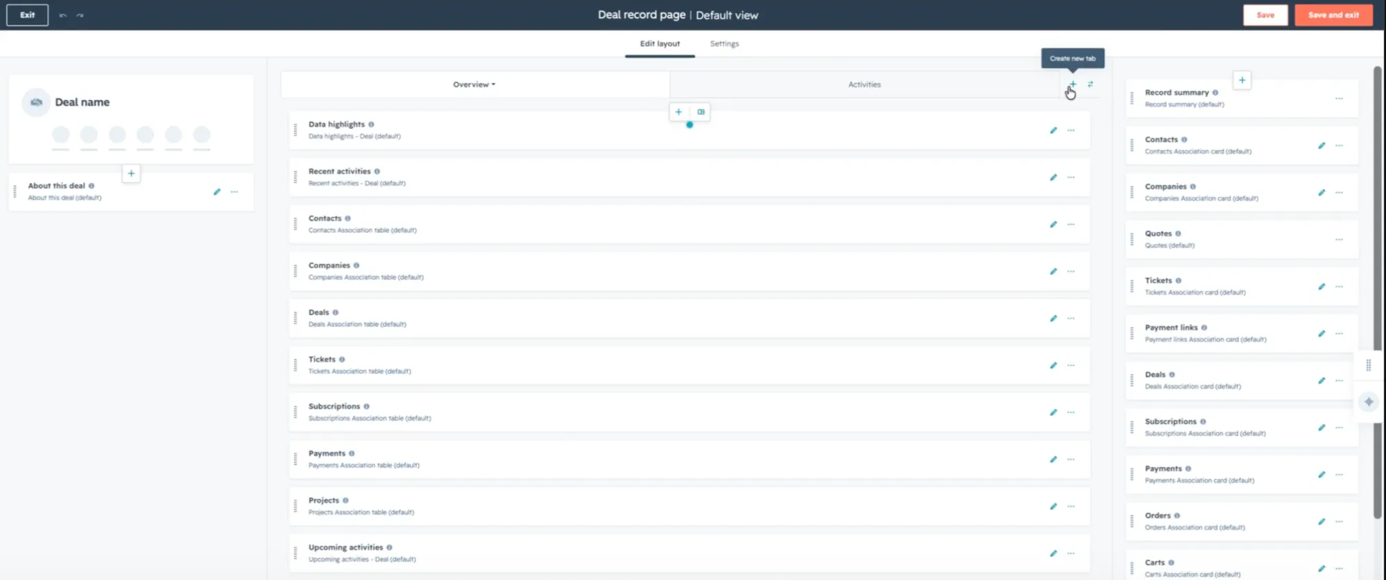 The deal layout editor with the Create new tab button highlighted.