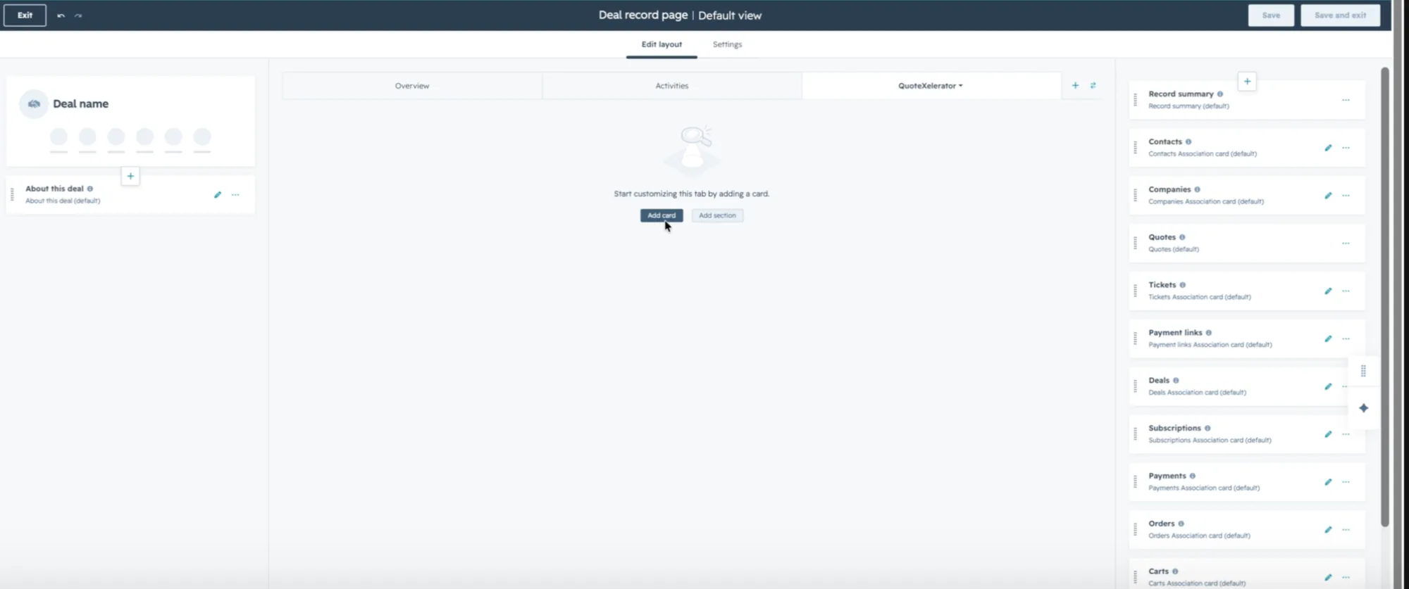 The empty QuoteXelerator tab with the Add card button.