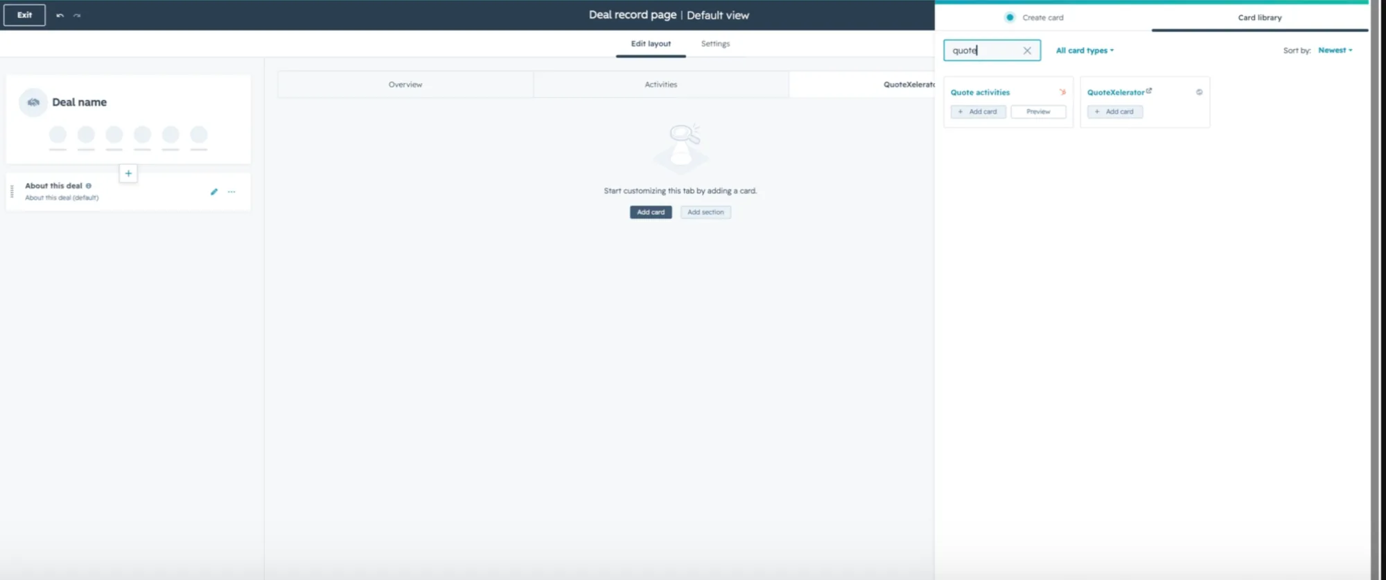 The Card library panel with a search that shows the QuoteXelerator card and its Add card button.