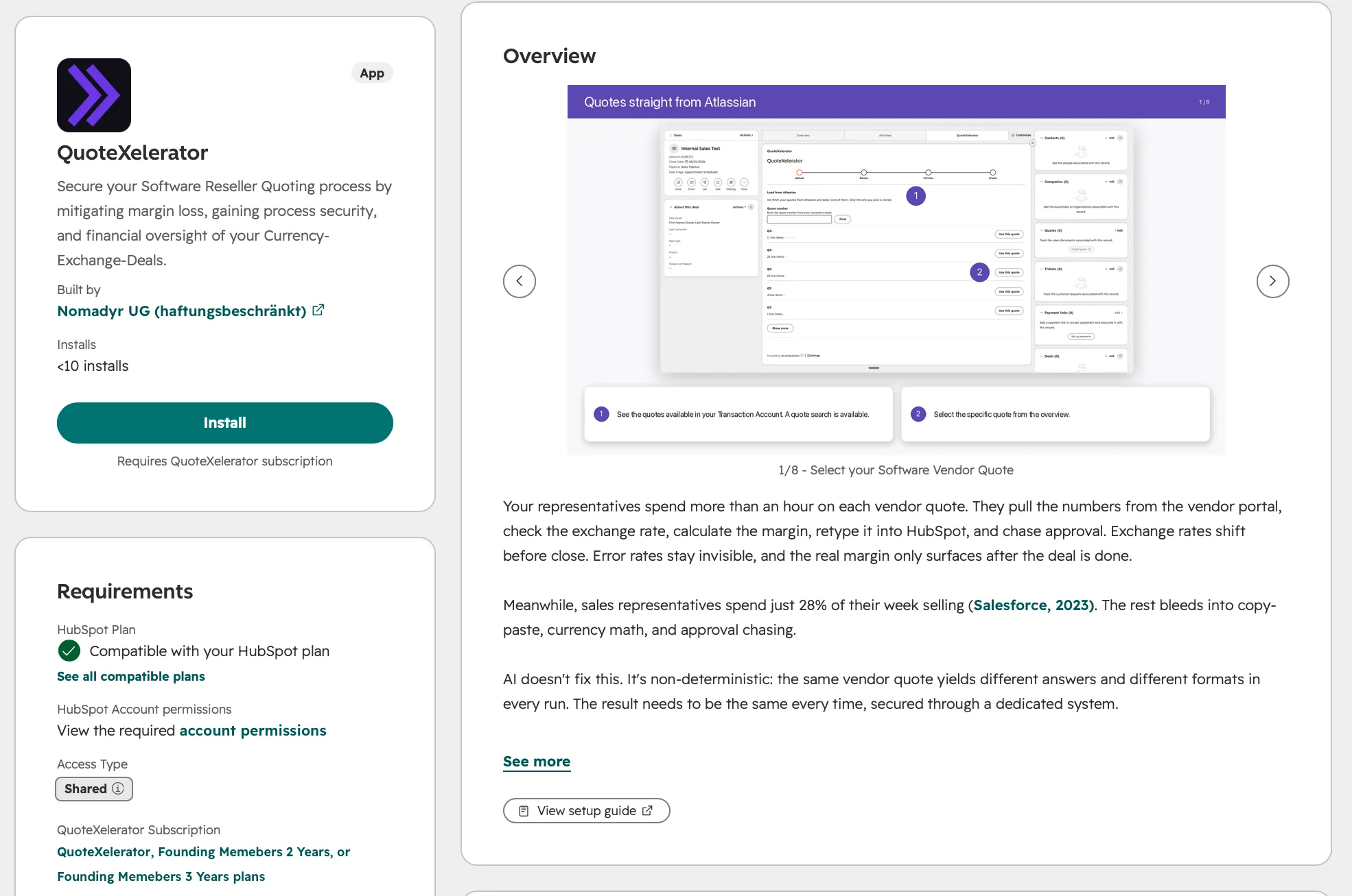 The QuoteXelerator listing in the HubSpot Marketplace with the Install button, the requirements and the app overview.