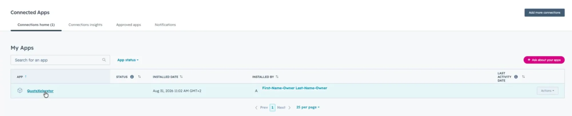 The Connected Apps list with QuoteXelerator installed.