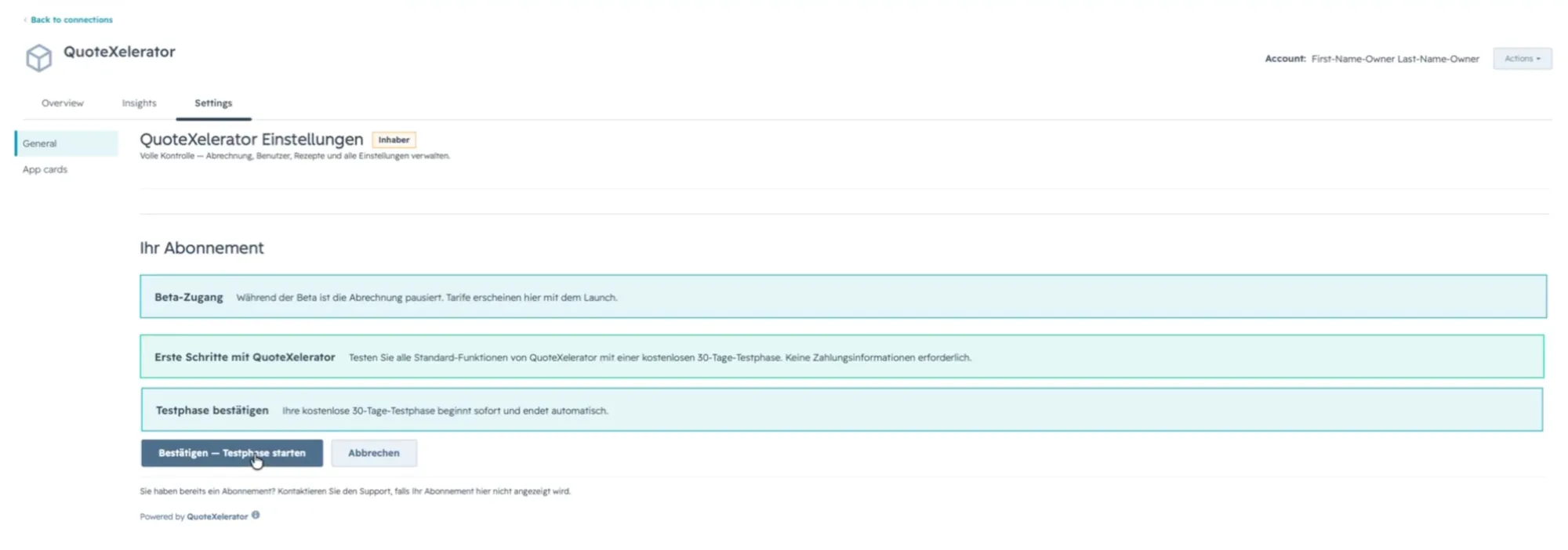 The confirmation prompt for starting the trial, with Confirm and Cancel buttons.