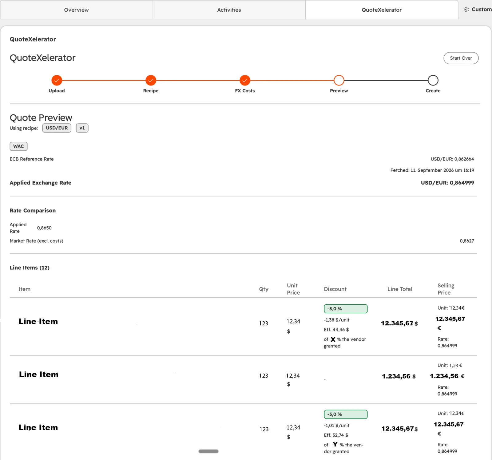 The Quote Preview step showing the recipe used, the ECB reference rate, the applied exchange rate and the first line items with discounts and selling prices.
