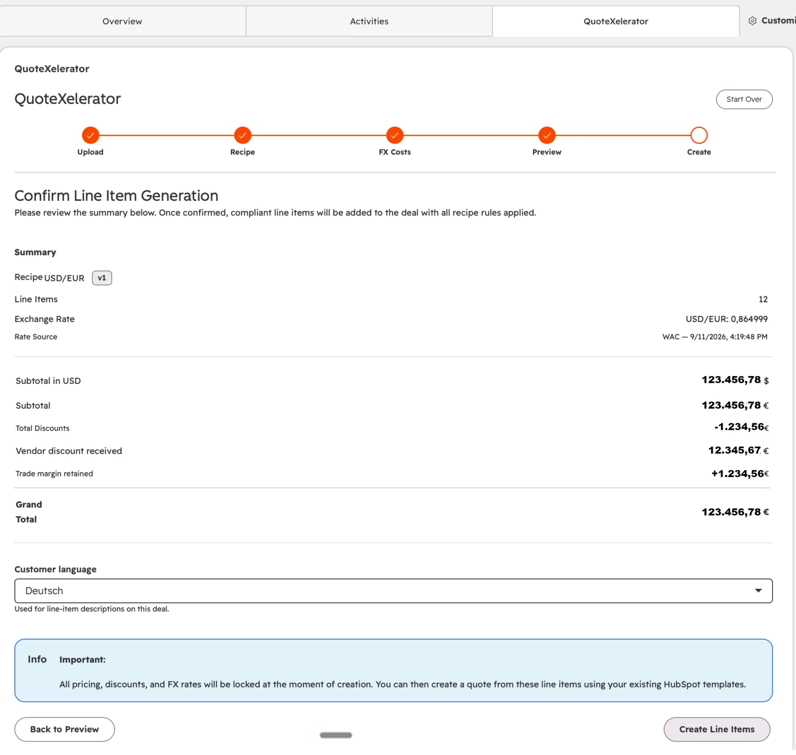 The Confirm Line Item Generation step with the summary, customer language dropdown and Create Line Items button.