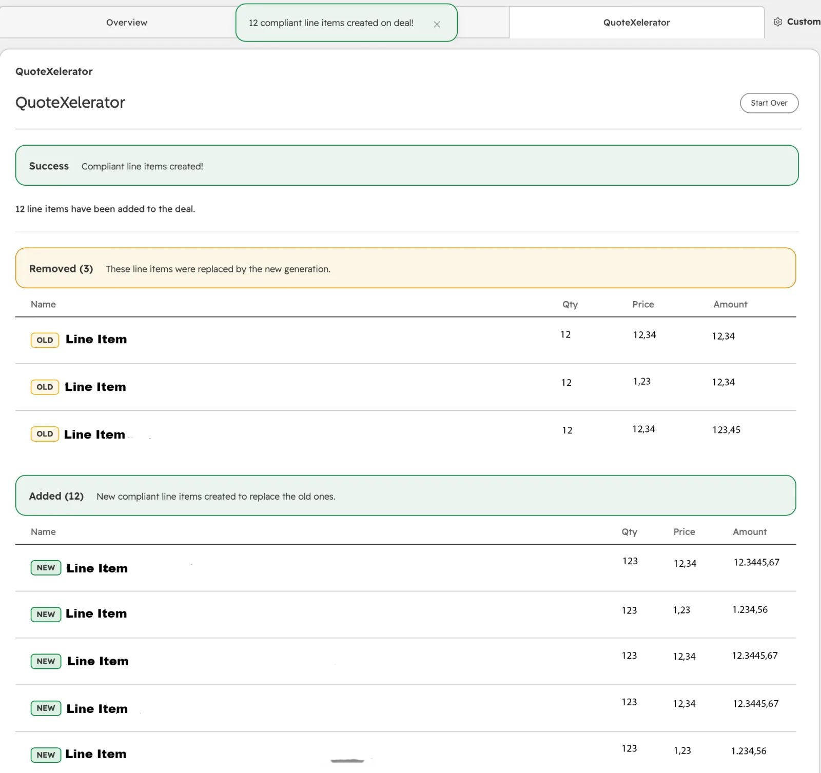 The success message with lists of removed old line items and added new line items.