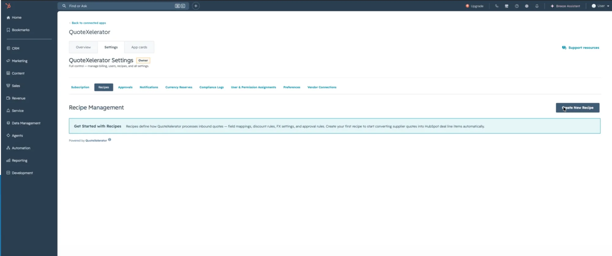 The Recipe Management tab with no recipes yet and the Create New Recipe button.