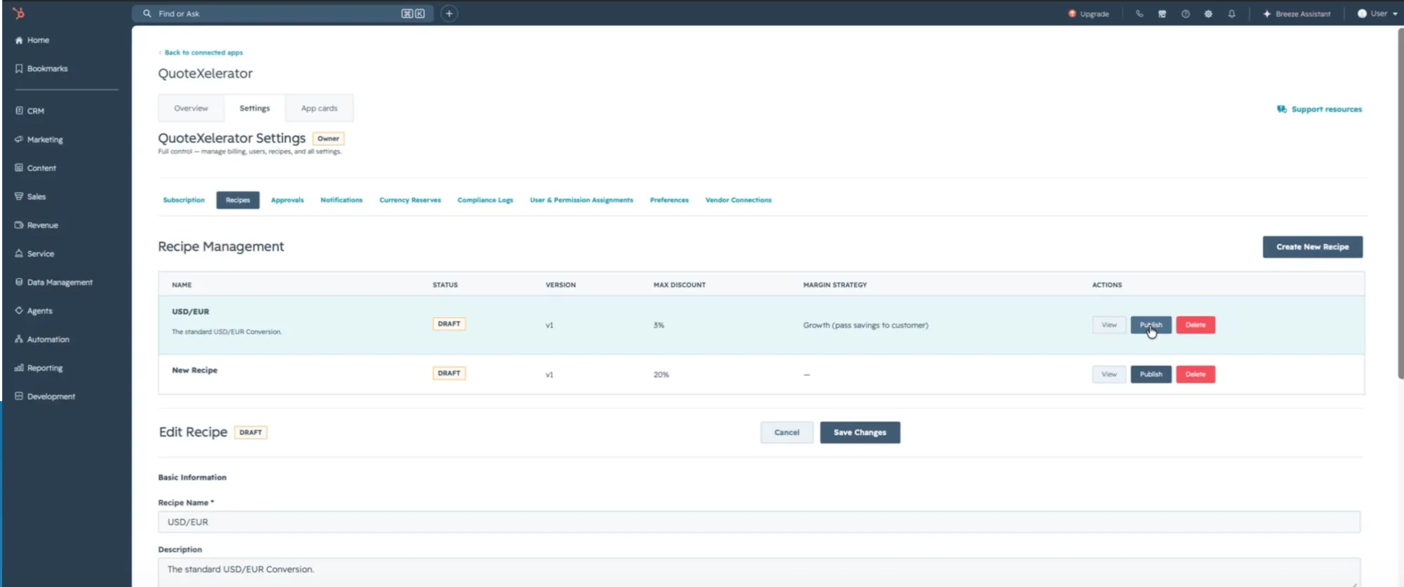 A draft recipe in the list with the Publish button, above the Edit Recipe form.